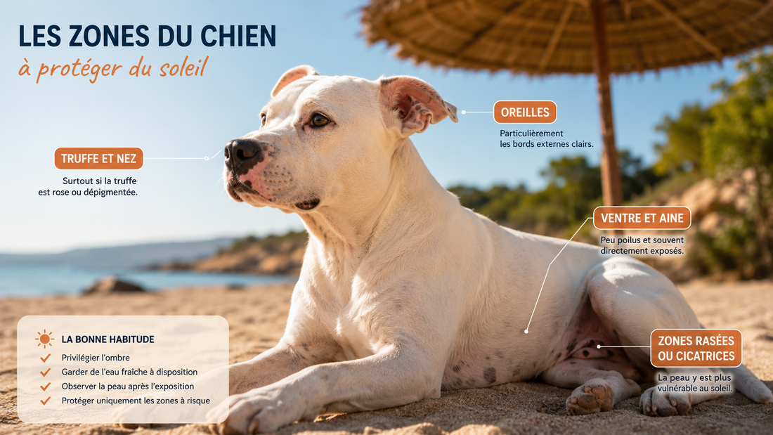 Truffe rose, oreilles claires, ventre exposé : les zones du chien à protéger du soleil