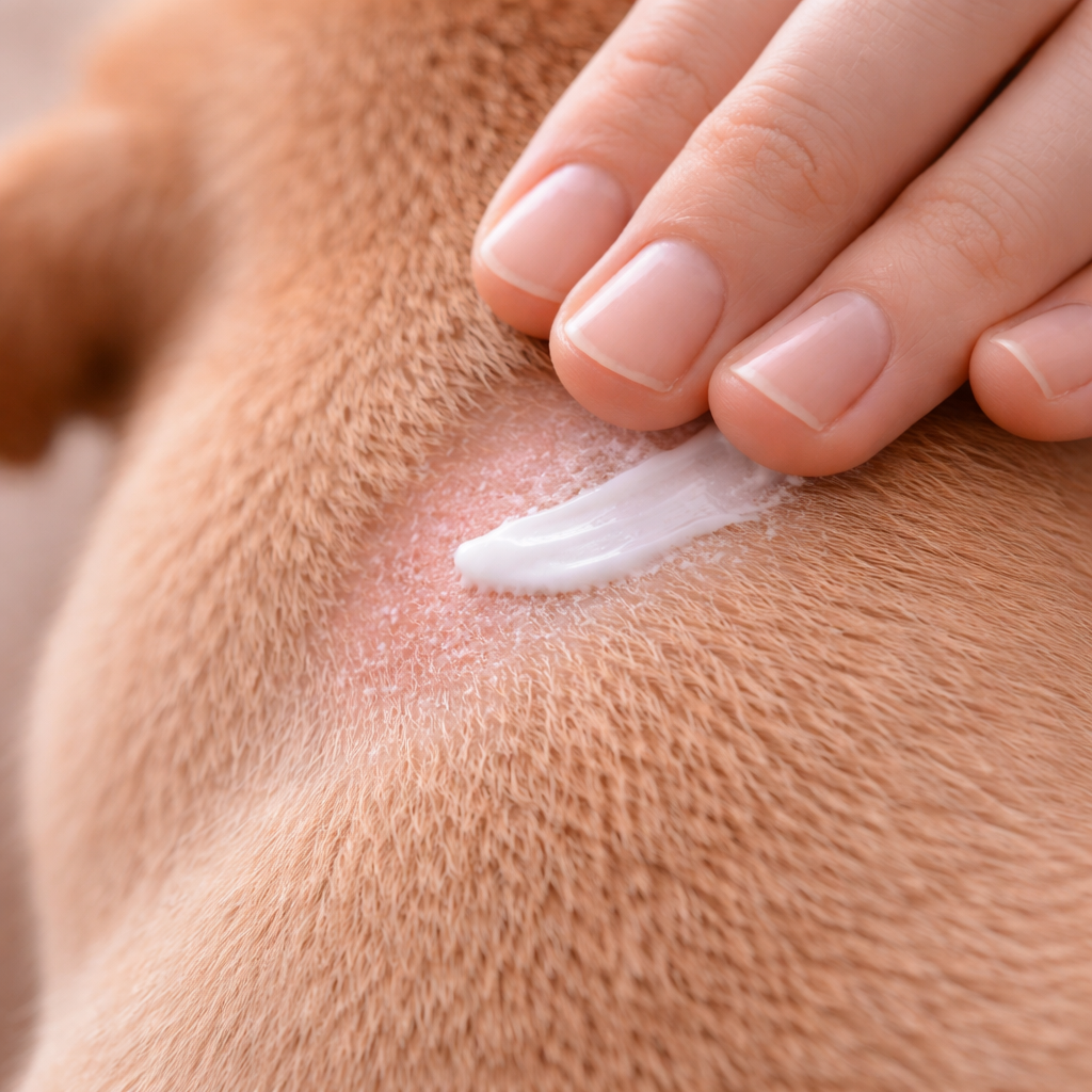 application crème réparatrice sur peau abîmée chien soin dermatologique barrière cutanée