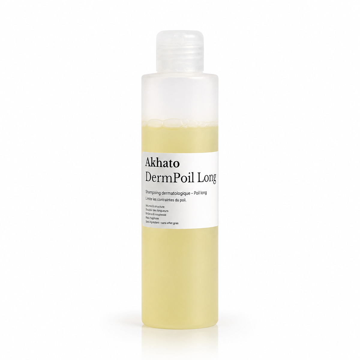 Flacon DermPoil Long™ AKHATO, shampoing démêlant pour chien à poil long conçu pour nettoyer en douceur, préserver la glisse et faciliter le brossage après le bain.