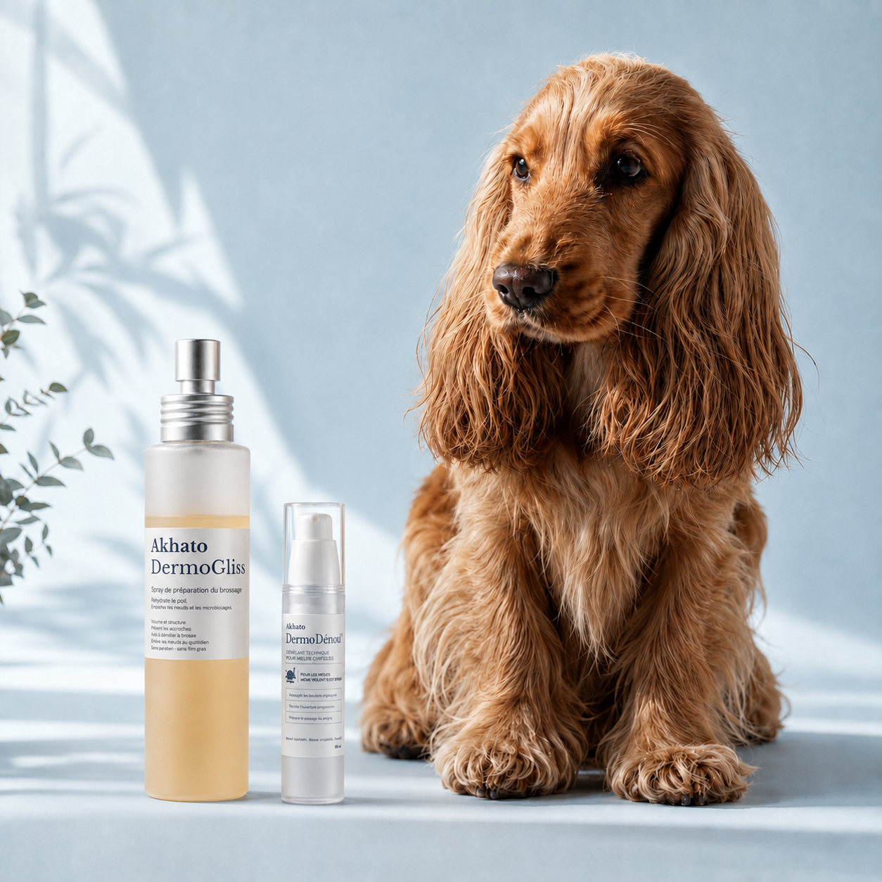 Duo Anti-Nœud™ AKHATO avec DermoGliss™ et DermoDénou™, spray et baume démêlants pour chien conçus pour les premières accroches et les nœuds installés.