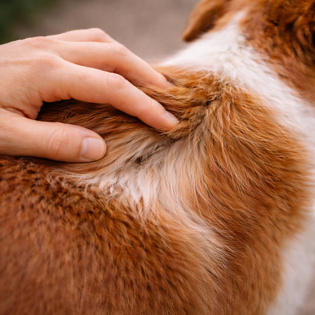 Main écartant le pelage du chien pour vérifier la présence de tiques dans le poil, zone d’action du spray Dermatick