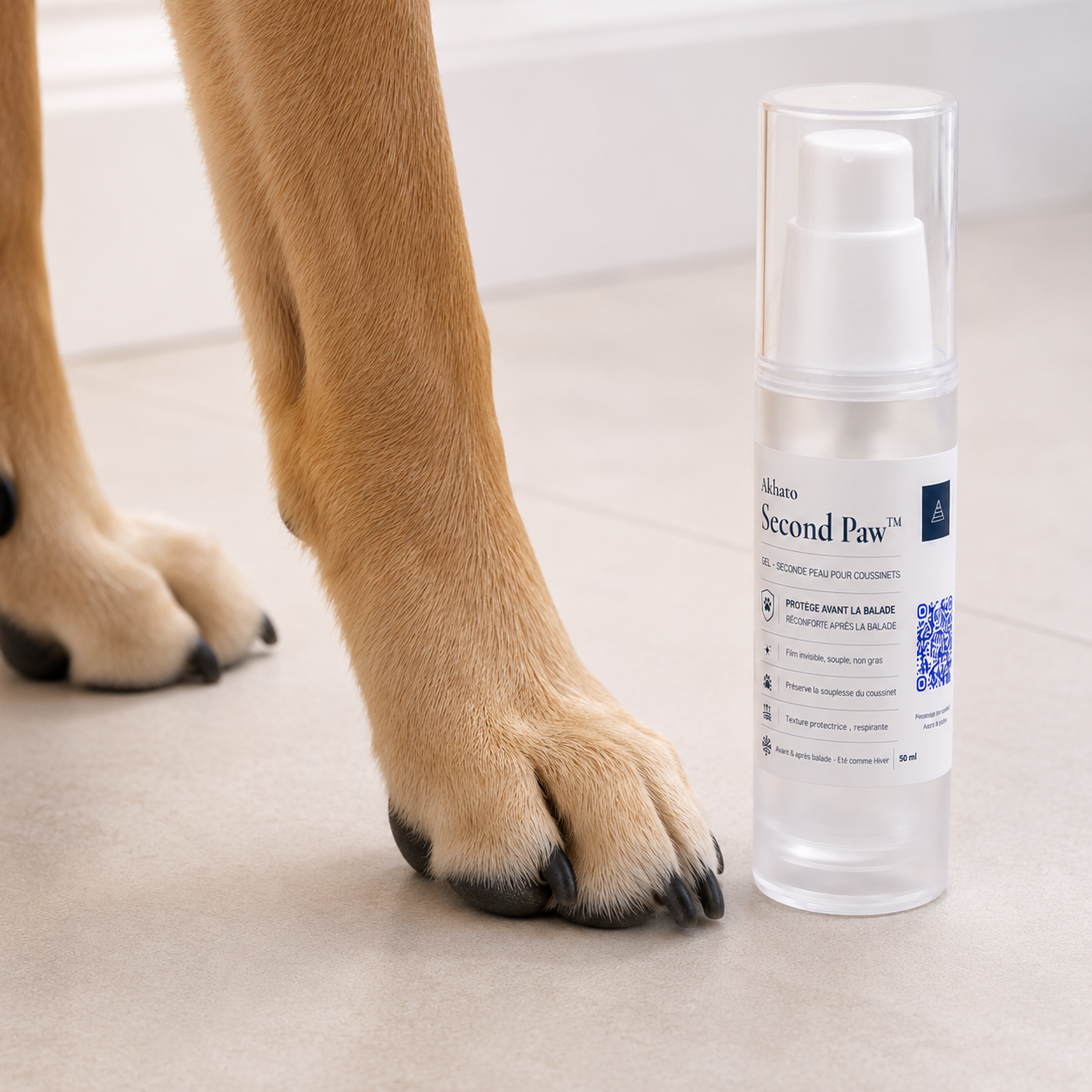 Patte de chien propre avec coussinets protégés par Second Paw™ Akhato avant la balade, film invisible souple et non gras