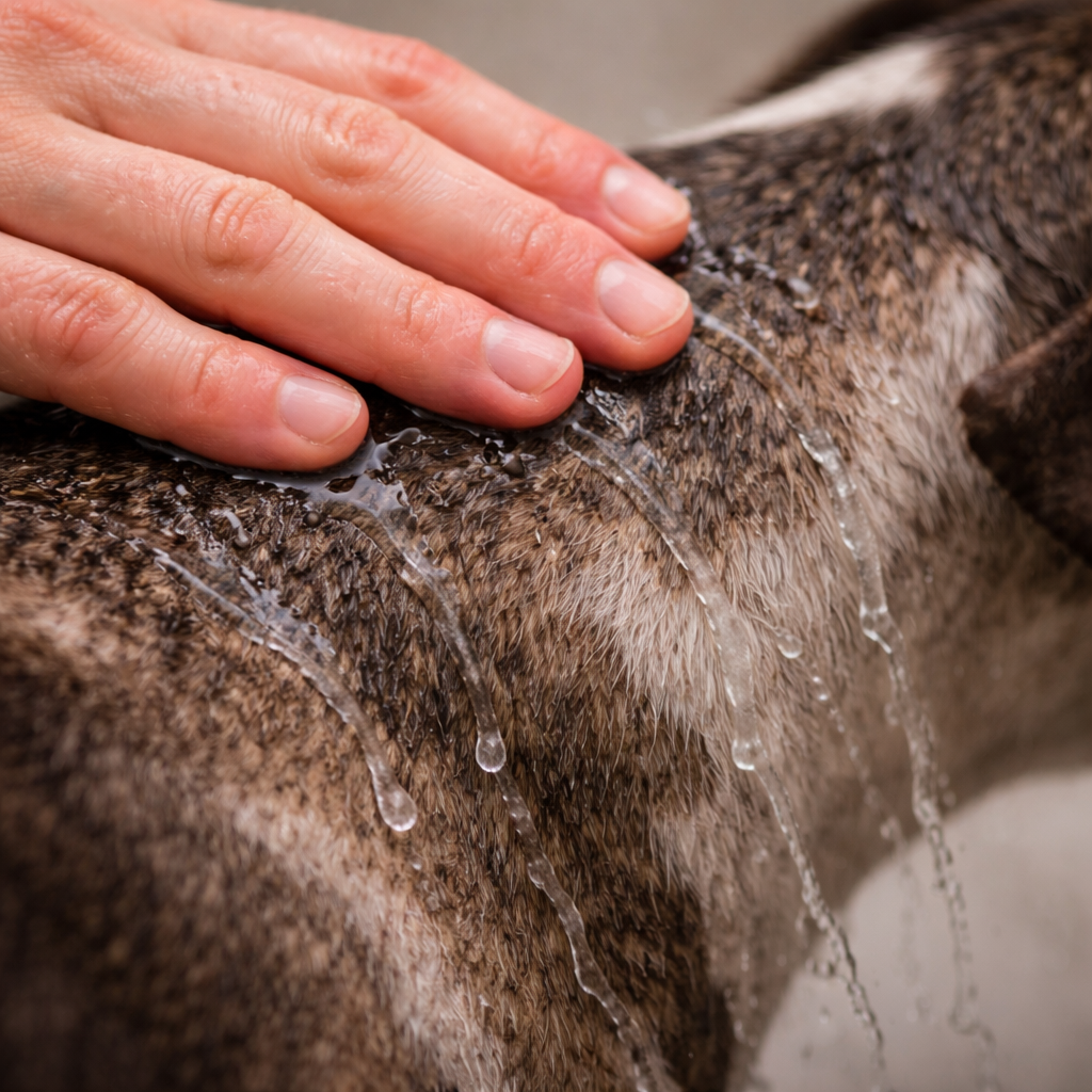 Main lavant un chien à poil ras avec eau coulant sur la peau exposée sans barrière pilaire