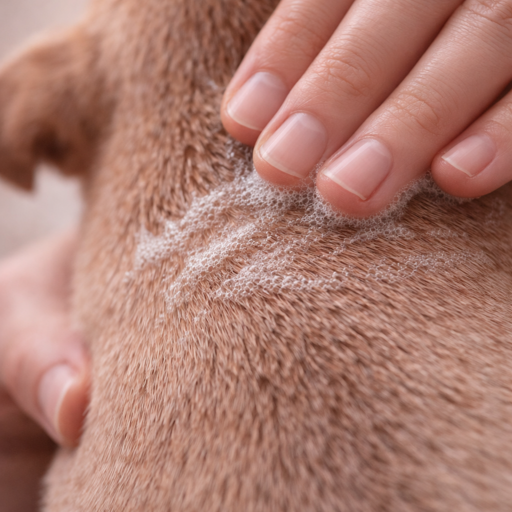 main appliquant une mousse légère sur poil ras de chiot, nettoyage doux respectant l’équilibre cutané