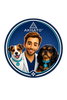 Logo rond AKHATO sur fond bleu nuit, avec Brian au centre en blouse blanche, entouré d’Urson et Vava portant chacun un collier turquoise, dans une identité visuelle premium dédiée aux soins dermatologiques pour chiens.