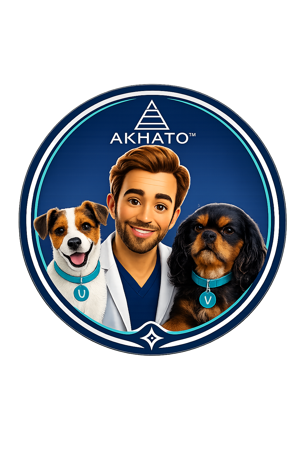 Logo rond AKHATO sur fond bleu nuit, avec Brian au centre en blouse blanche, entouré d’Urson et Vava portant chacun un collier turquoise, dans une identité visuelle premium dédiée aux soins dermatologiques pour chiens.