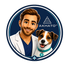 Logo rond AKHATO aux couleurs bleu nuit, blanc et turquoise, représentant Brian en blouse blanche aux côtés d’Urson, son Jack Russell souriant, dans un univers dermatologique premium pour chiens.