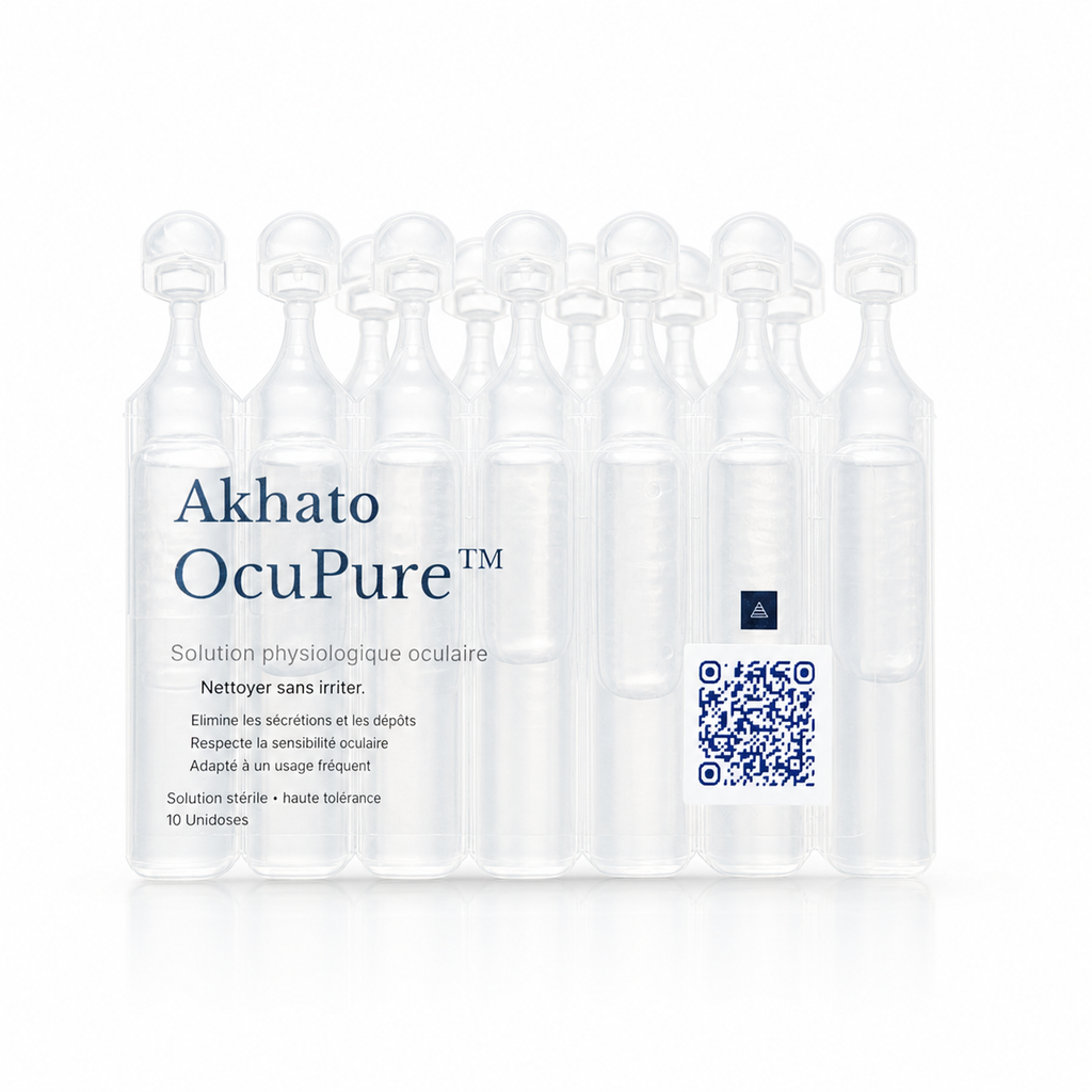 Soin Ocopure™ AKHATO conçu pour nettoyer en douceur le contour des yeux du chien et accompagner l’hygiène oculaire quotidienne.