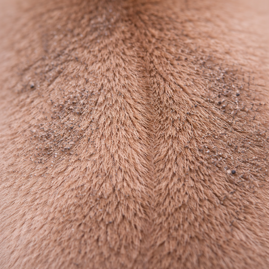 poil ras chiot avec particules de pollution et poussières visibles, peau légèrement déséquilibrée avant lavage dermatologique