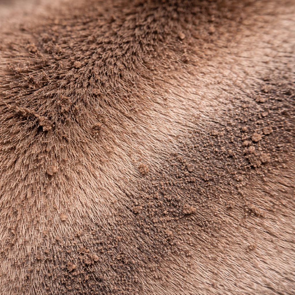 Poil court de chien avec accumulation de saletés, poussières et particules incrustées sur la peau avant lavage