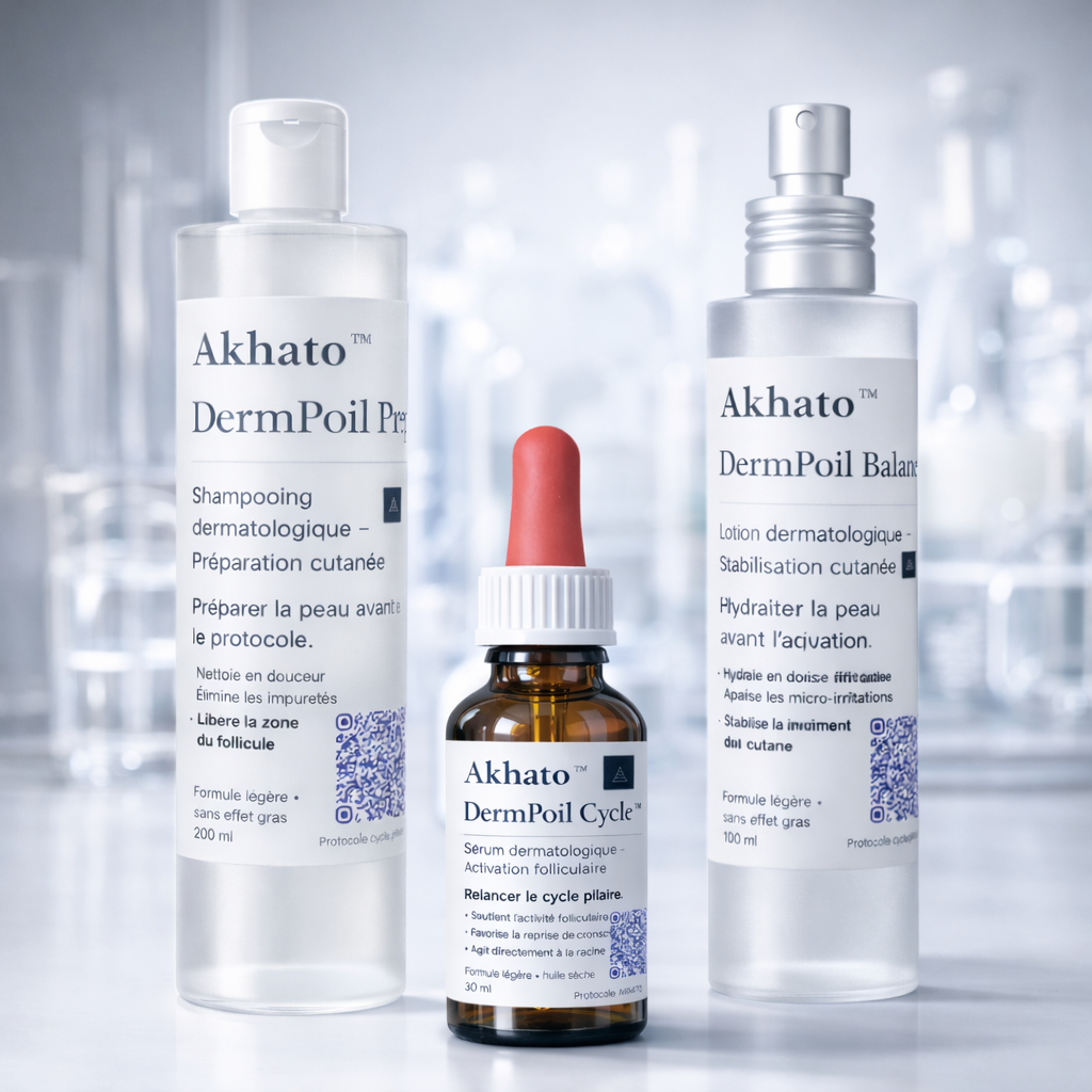 Protocole AKHATO alopécie chien avec shampooing DermPoil Prep, lotion DermPoil Balance et sérum DermPoil Cycle pour accompagner la repousse du poil