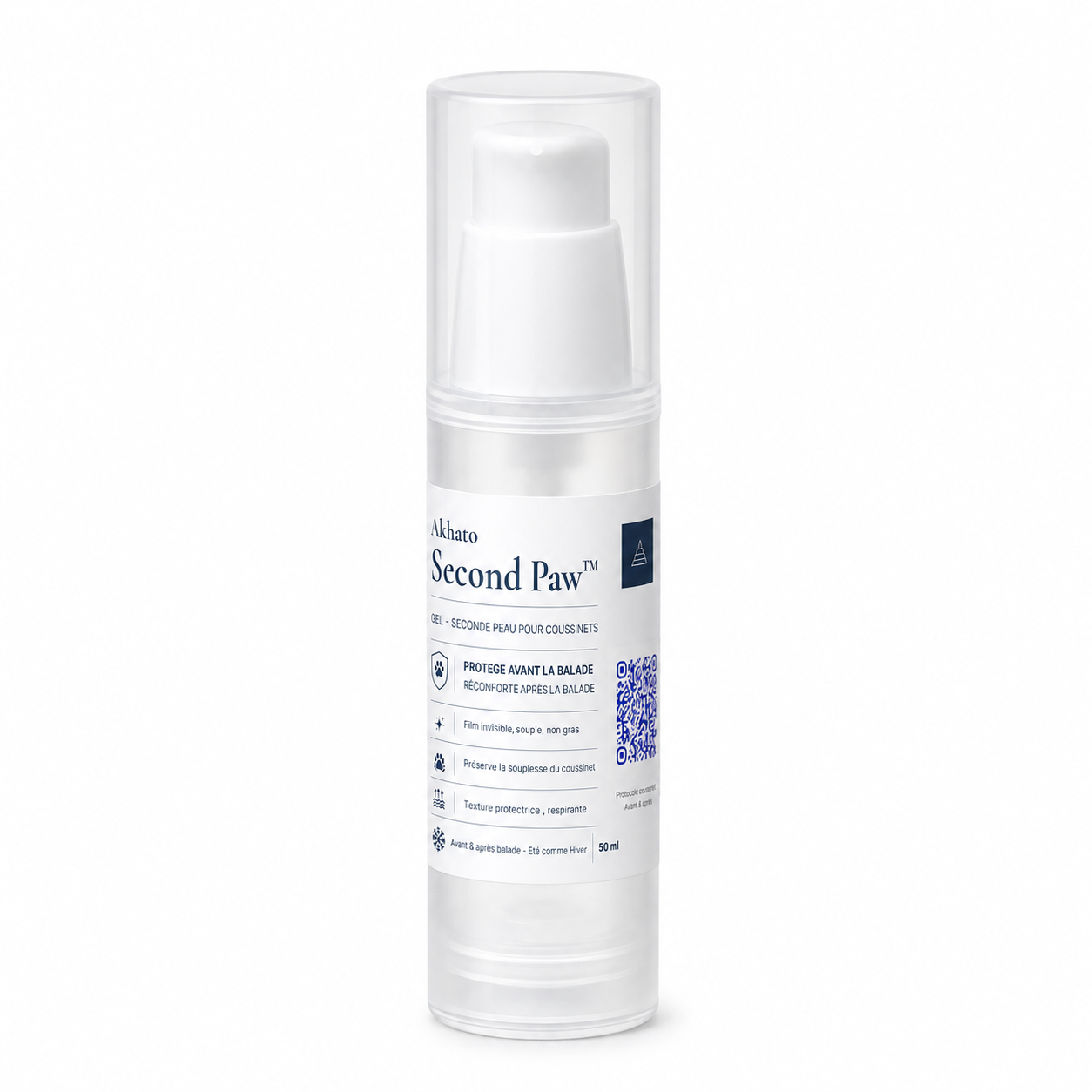 Flacon pompe Second Paw™ AKHATO, gel seconde peau pour coussinets de chien, soin protecteur avant et après la balade, sur fond blanc premium.