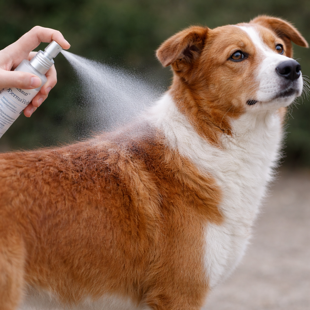 Application du spray Dermatick sur le pelage du chien avant promenade pour limiter la présence de tiques dans le poil