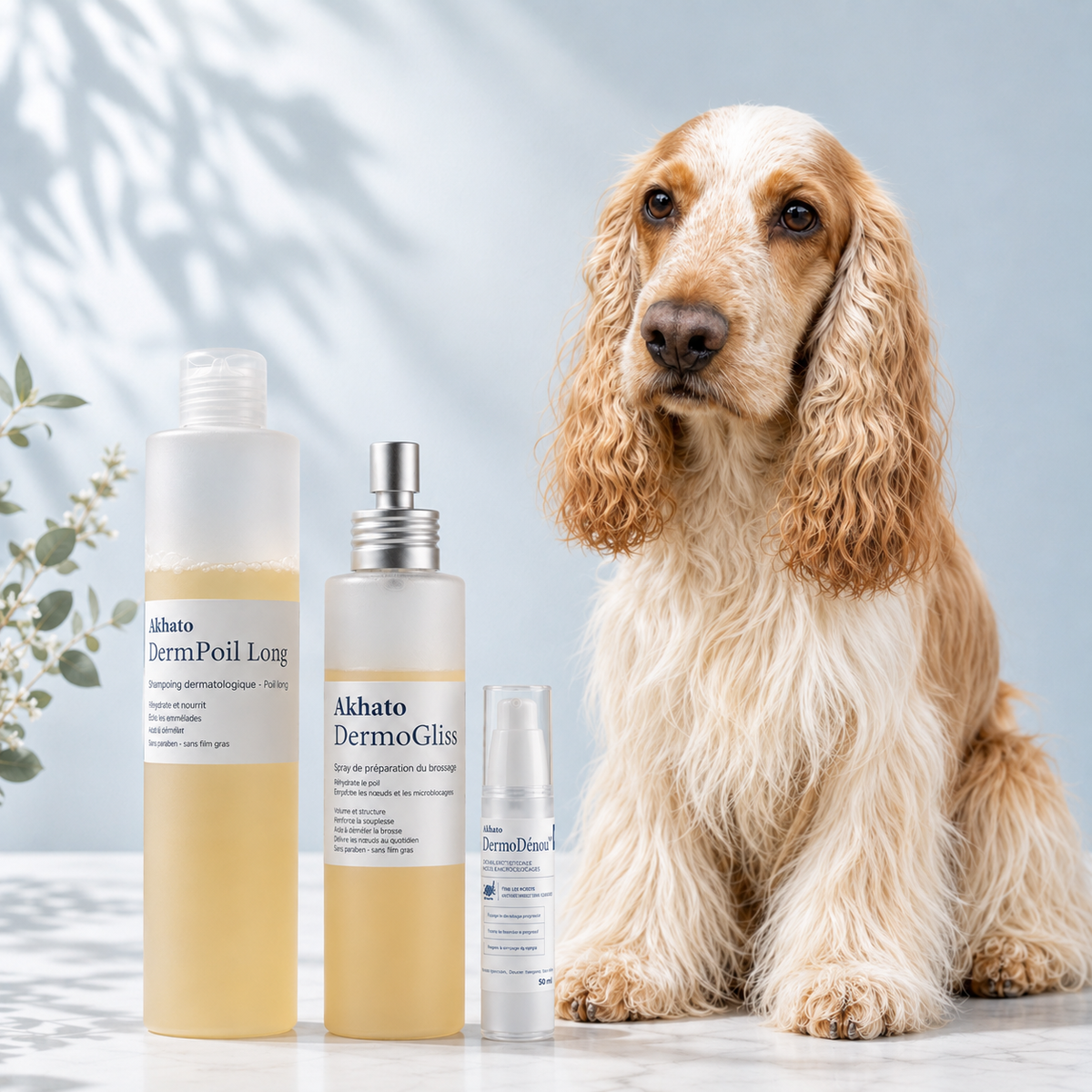 Trio Bain & Brossage™ AKHATO avec DermPoil Long™, DermoGliss™ et DermoDénou™, routine de démêlage pour chien à poil long du bain aux nœuds installés.
