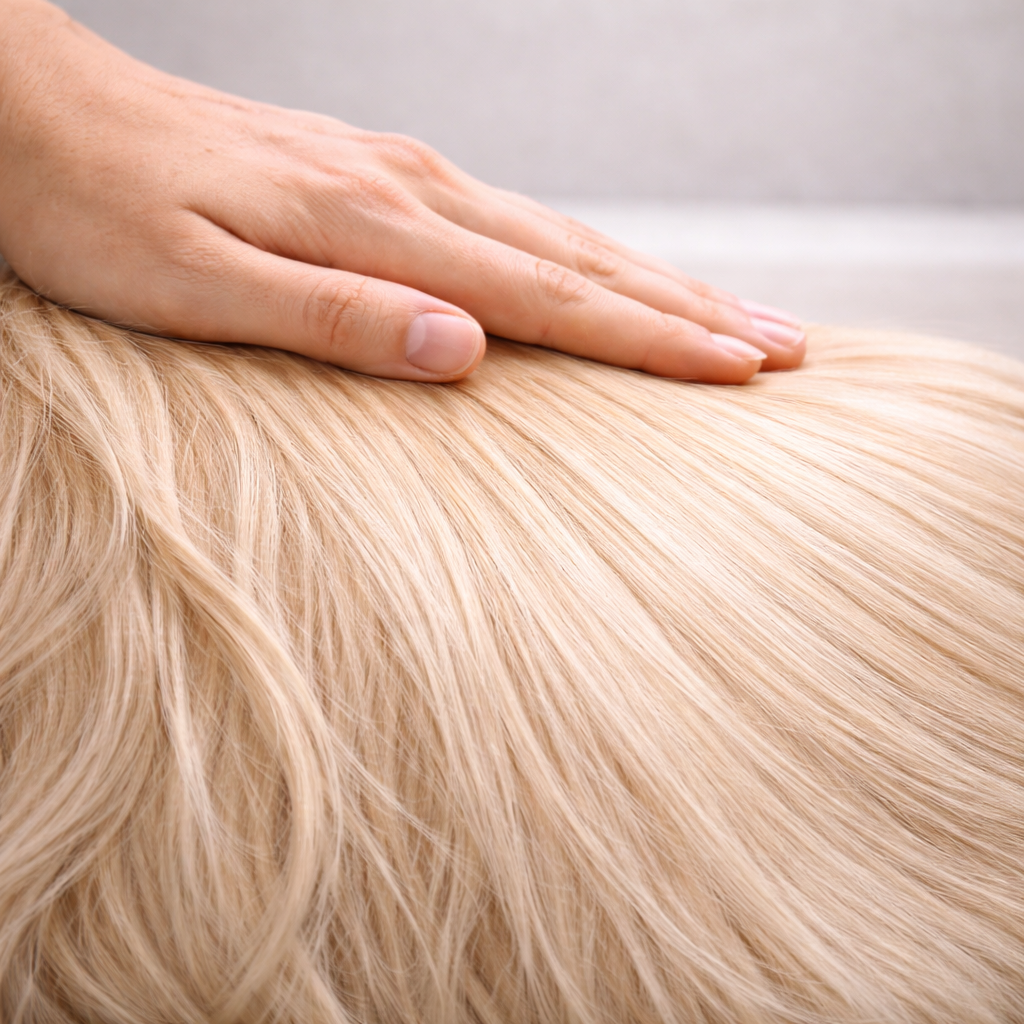 Pelage chien poil long démêlé, lisse et sans nœuds après lavage avec shampoing AKHATO DermPoil Long