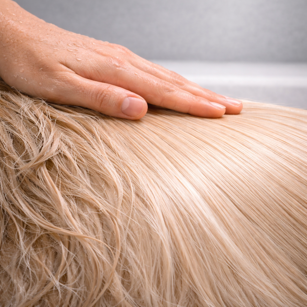 Shampoing chien poil long en action pendant le bain, lissage du pelage et réduction des nœuds avec AKHATO DermPoil Long