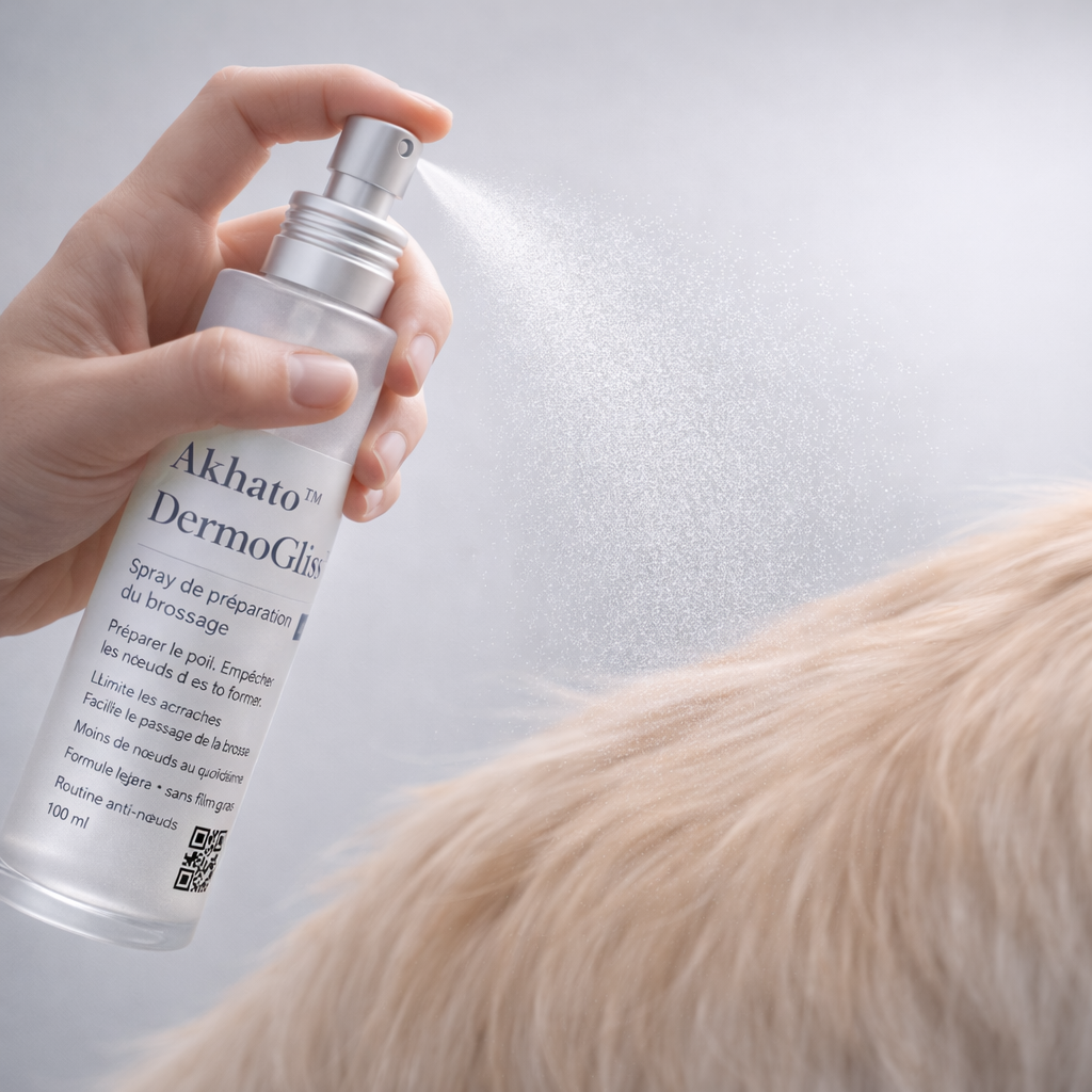 Main appliquant le spray DermoGliss Akhato sur le poil long d’un chien pour faciliter le brossage et limiter les nœuds